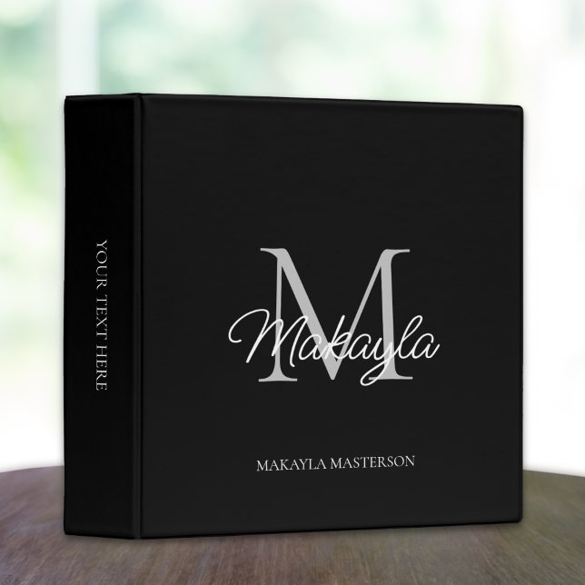 Monogram Modern Script School Office Black 3 Ring Binder (Creator Uploaded)