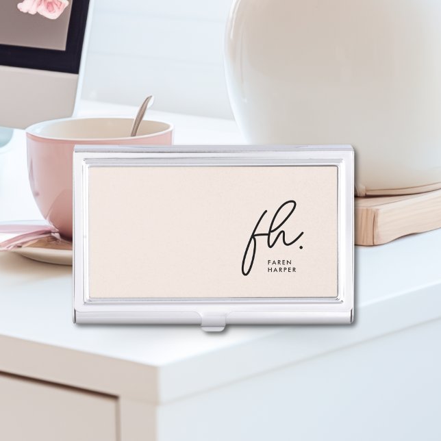 Monogram Modern Script Simple Chic Blush Pink Business Card Case (Creator Uploaded)