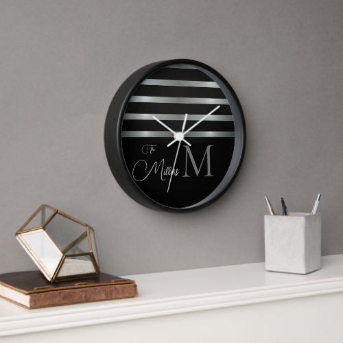 Monogram Modern Silver Stripes Family Name Clock