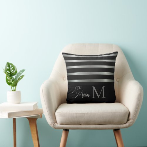 Monogram Modern Silver Stripes Family Name Throw Pillow