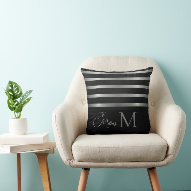Monogram Modern Silver Stripes Family Name Throw Pillow (Chair)