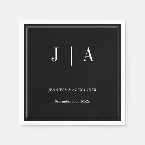 Monogram Modern Simple Black And White Wedding Napkins