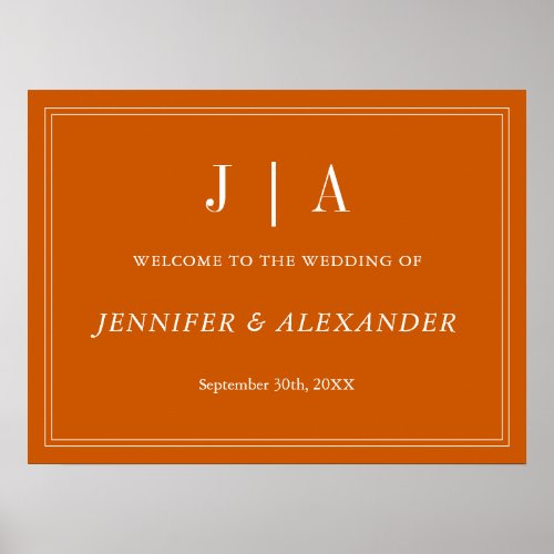 Monogram Modern Simple Burnt Orange White Wedding Poster