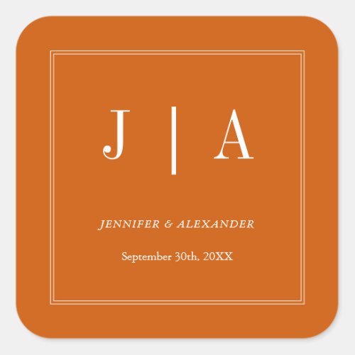 Monogram Modern Simple Burnt Orange White Wedding Square Sticker