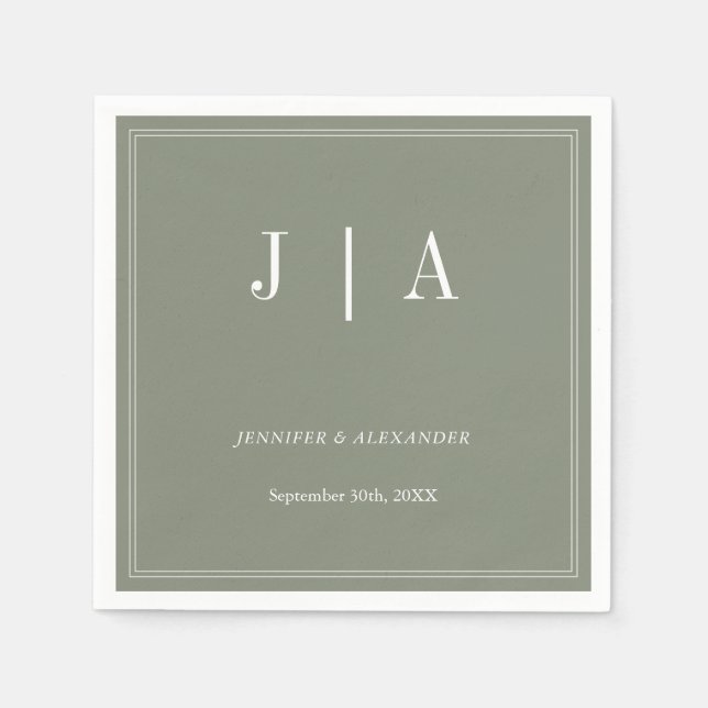 Monogram Modern Simple Sage Green White Wedding Napkins (Front)