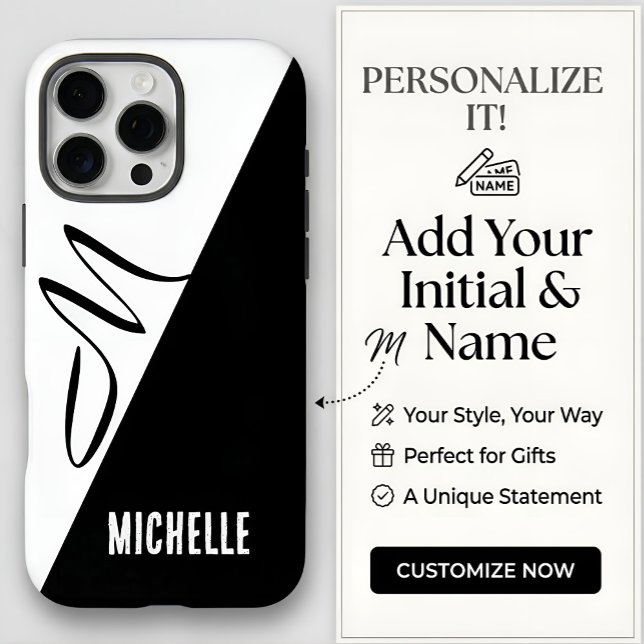 Monogram Modern Split Black & White Custom Name Case-Mate iPhone Case (Creator Uploaded)