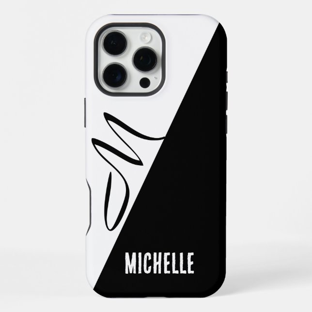 Monogram Modern Split Black & White Custom Name Iphone Case (Back)