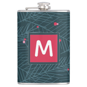 Monogram Modern Spruce and Berries Custom Holiday Flask