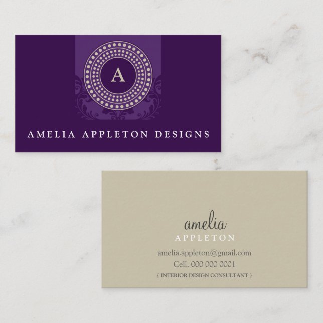 MONOGRAM modern stylish elegant rotor purple taupe Business Card (Front/Back)