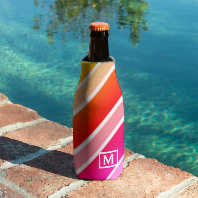 Monogram Modern Summer Stripes Cute Cool  Bottle Cooler (In Situ Pool)