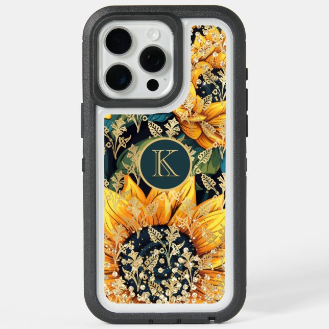 Monogram Modern Sunflower Glitter Personalized iPhone 15 Pro Max Case (Back (White Titanium))