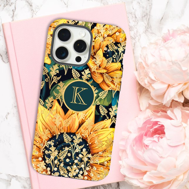 Monogram Modern Sunflower Glitter Personalized iPhone Case (Creator Uploaded)