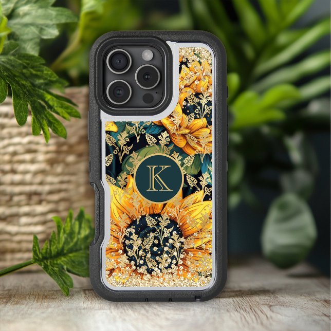 Monogram Modern Sunflower Glitter Personalized Otterbox iPhone Case (Creator Uploaded)
