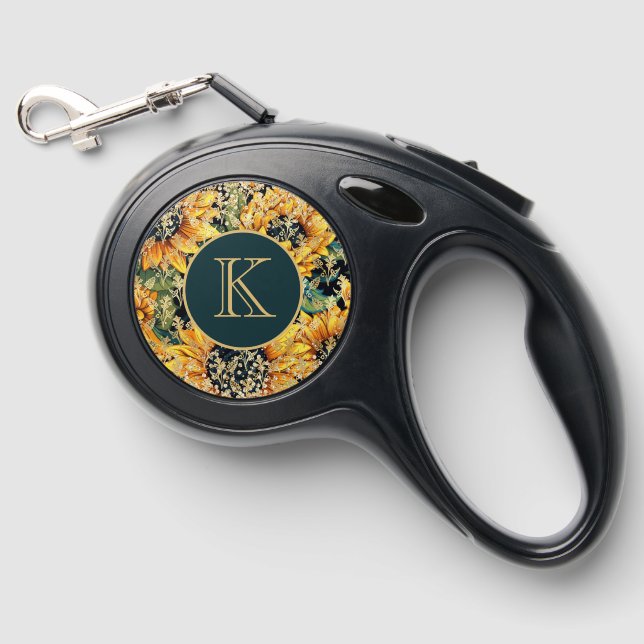 Monogram Modern Sunflower Glitter Personalized Retractable Pet Leash (Front)