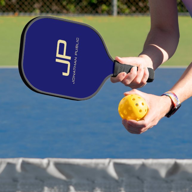 Monogram Modern Template Elegant Navy Blue Gold Pickleball Paddle (Insitu)