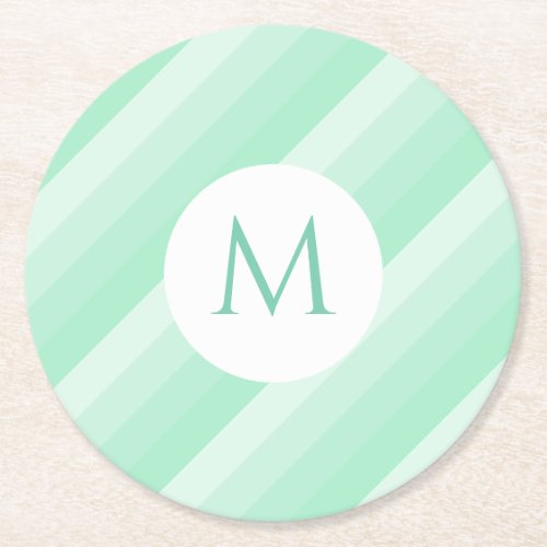 Monogram Modern Template Mint Green Stripes Trendy Round Paper Coaster