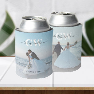 Monogram Modern Trendy 2 Photo Wedding Favors Can Cooler