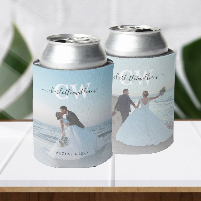 Monogram Modern Trendy 2 Photo Wedding Favors Can Cooler (Creator Uploaded)