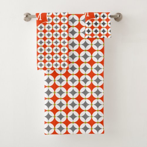 Monogram Modern Trendy Geometric Orange Gray Bath Towel Set