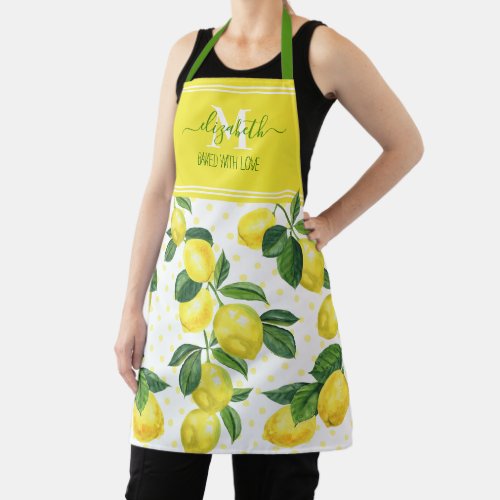 Monogram modern trendy lemon watercolor polka dot apron