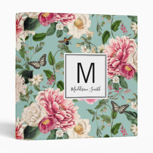 Monogram Modern Vintage Mint Green Floral 3 Ring Binder