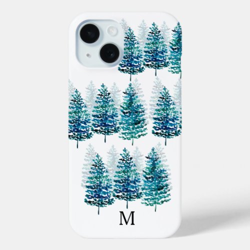 Monogram Modern Watercolor Forest Trees iPhone 15 Case