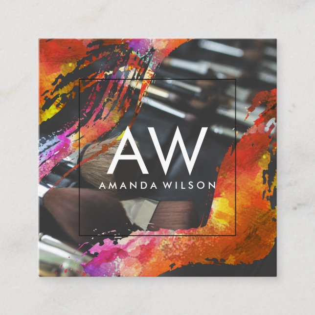 Monogram Modern Watercolor Makeup Brushes Square Business Card (Front)