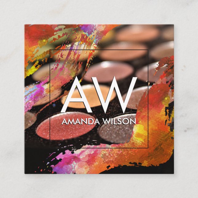 Monogram Modern Watercolor Makeup Palette Square Business Card (Front)
