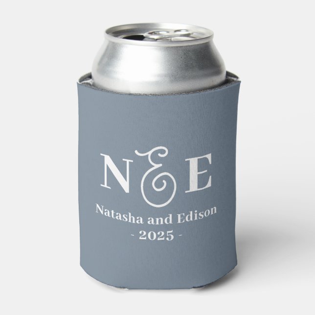 Monogram Modern Wedding Dusty Blue Can Cooler (Can Front)