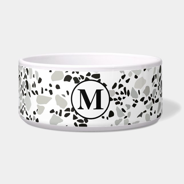 Monogram Modern White and Gray Terrazzo Pattern Bowl (Front)