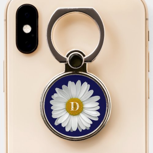 Monogram Modern White Daisy Flower on Navy Blue Phone Ring Stand