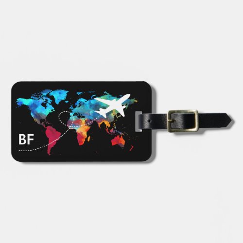 Monogram Modern World Map Travel Luggage Tag - Spot your travel bag with this colorful world atlas map luggage tag, personalize it with your initials and personal details on the back. You can change the color of the background by clicking on the personalize button.
