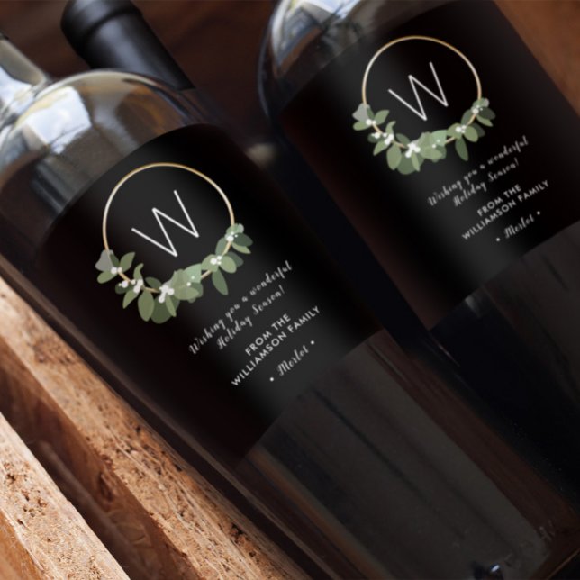 Monogram Modern wreath Personalized Christmas Wine Label (Monogram Wine label wreath for Christmas.)