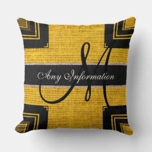 Monogram Modern Yellow & Black Burlap Rustic Jute Throw Pillow