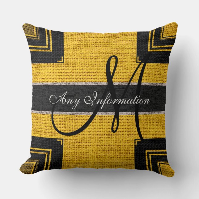 Monogram Modern Yellow & Black Burlap Rustic Jute Throw Pillow (Front)