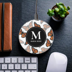Monogram Monarch Butterflies Personalized Wireless Charger
