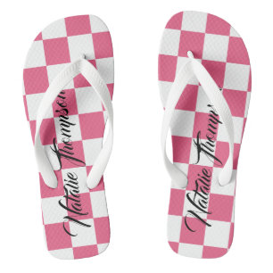 Monogram monogram Checkered pink and white for her Flip Flops