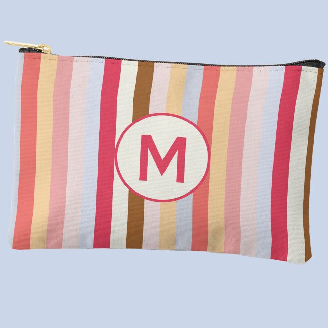 Monogram Monogram Modern Pastel Candy Stripe Accessory Pouch (Modern monogram initial pastel awning stripe zip accessories pouch)