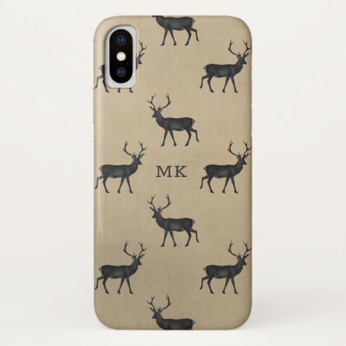 Monogram Monogrammed Deer Stag Rustic Pattern iPhone XS Case