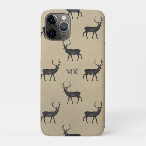 Monogram Monogrammed Deer Stag Rustic Pattern iPhone 11 Pro Case