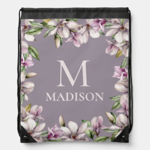 Monogram Monogrammed Magnolia Floral Personalized Drawstring Bag