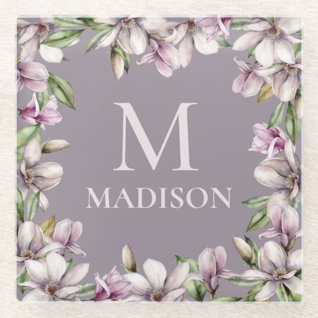 Monogram Monogrammed Magnolia Floral Personalized Glass Coaster (Front)
