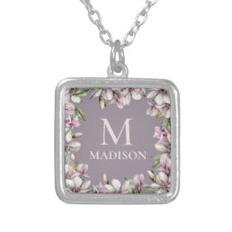 Monogram Monogrammed Magnolia Floral Personalized Silver Plated Necklace
