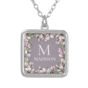 Monogram Monogrammed Magnolia Floral Personalized Silver Plated Necklace