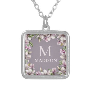 Monogram Monogrammed Magnolia Floral Personalized Silver Plated Necklace by EvcoStudio at Zazzle