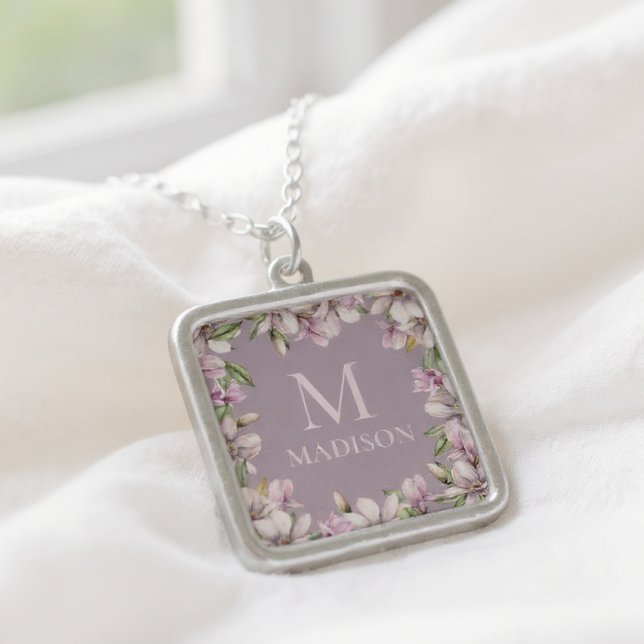 Monogram Monogrammed Magnolia Floral Personalized Silver Plated Necklace (Creator Uploaded)