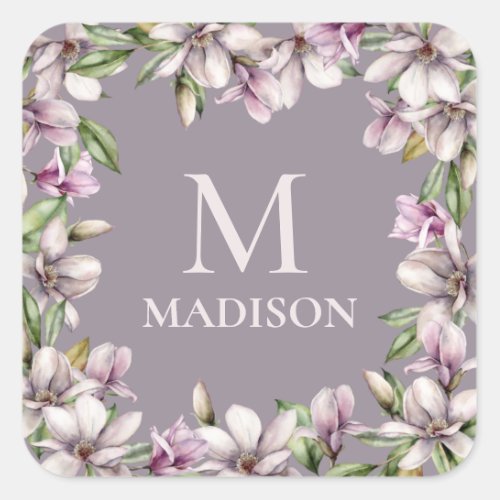 Monogram Monogrammed Magnolia Floral Personalized Square Sticker