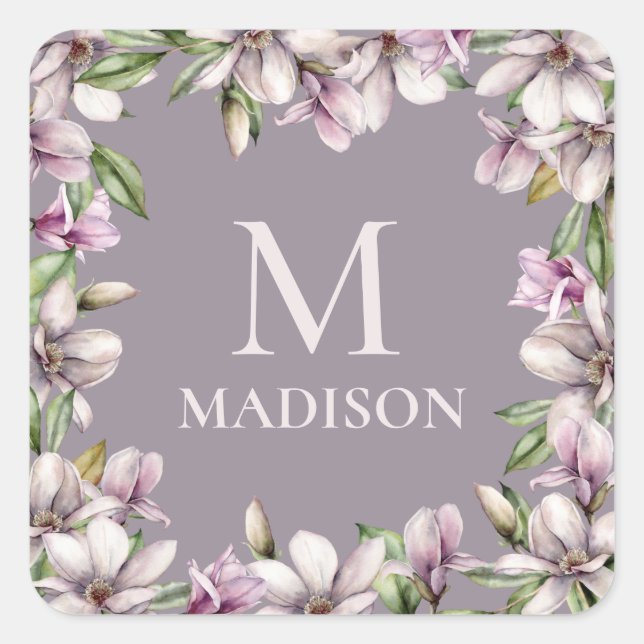 Monogram Monogrammed Magnolia Floral Personalized Square Sticker (Front)