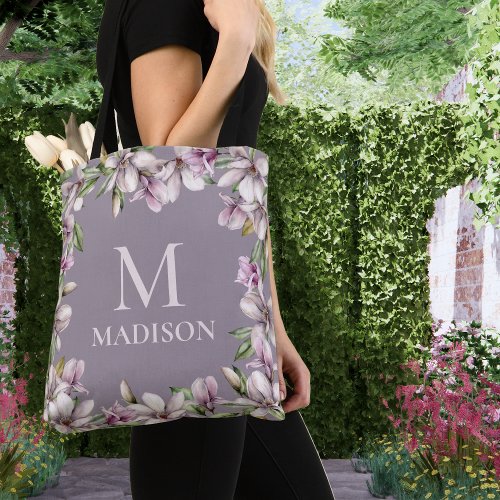 Monogram Monogrammed Magnolia Floral Personalized Tote Bag