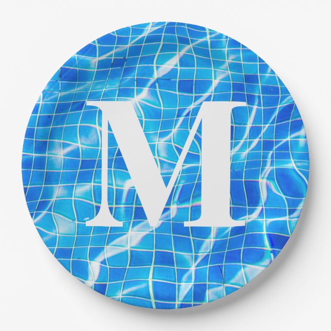 Monogram Monogrammed Swimming Blue Pool Aquatic Paper Plates (Front)